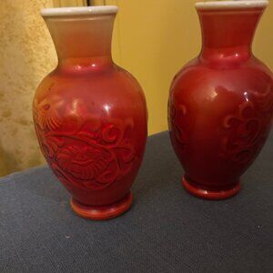 Vintage Avon "Spring Bouquet" vases white glass w red overlay